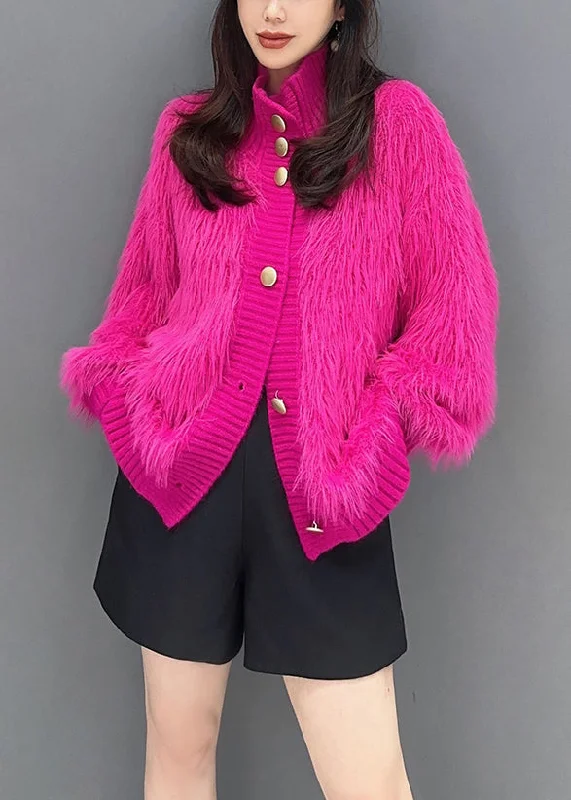 French Rose Stand Collar Button Mink Hair Knitted Coats FallPuffer Jackets