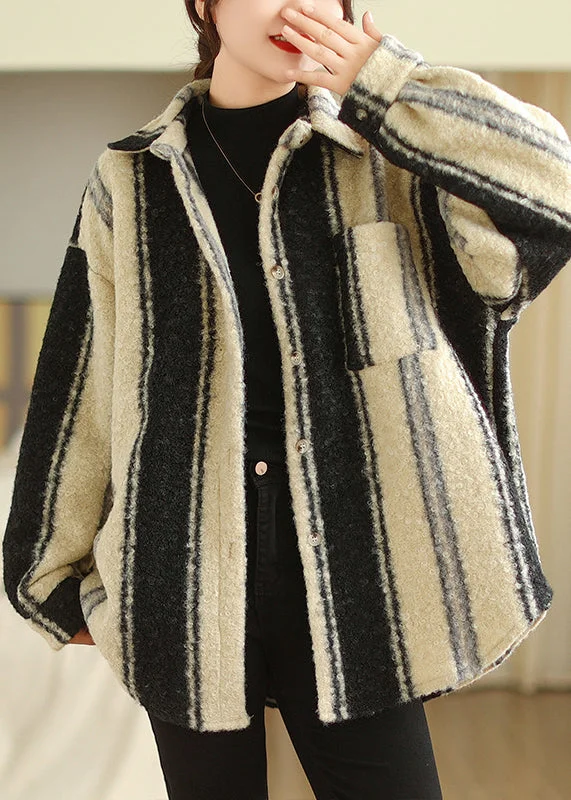 French Striped Peter Pan Collar Button Woolen Coat Long SleeveZippered Jackets