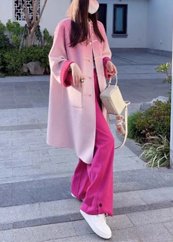 Gradient Color Rose Woolen Coats And Wide Leg Pants Two Pieces Set FallStudded Jackets