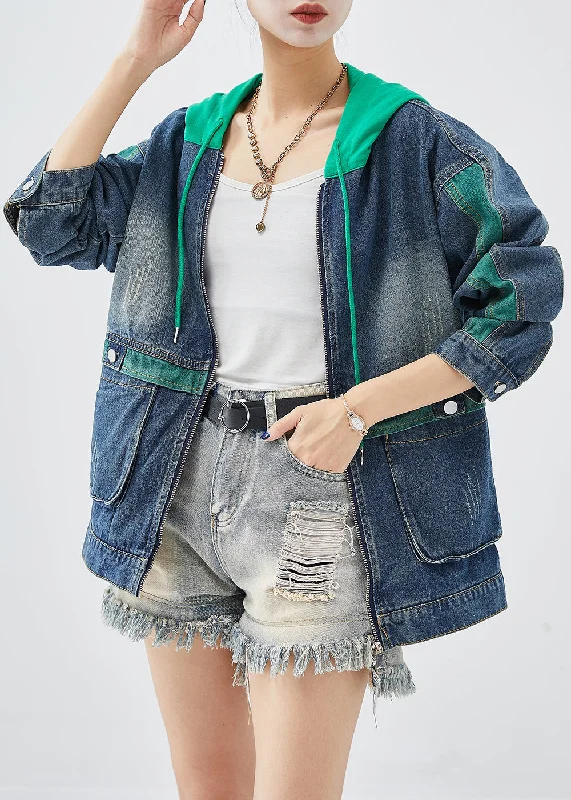 Green Patchwork Denim Coats Hooded Pockets FallBlazers