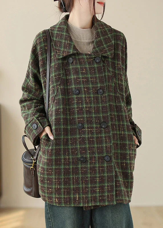 Green Pockets Plaid Woolen Coat Peter Pan Collar Double Breast FallHooded Jackets