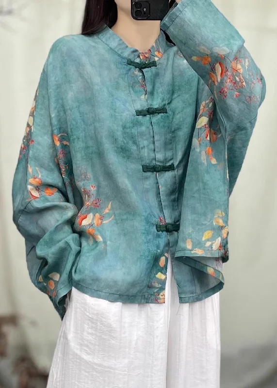 Green Print Patchwork Linen Coat O Neck Long SleeveSports Team Jackets