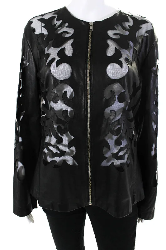 In Transit Womens Leather Cutout Mesh Full Zip Crew Neck Jacket BlackButton-Up Jackets