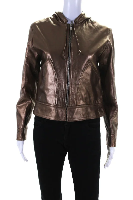 Natto Womens Metallic Leather Hooded Full Zip Jacket CopperAsymmetrical Jackets