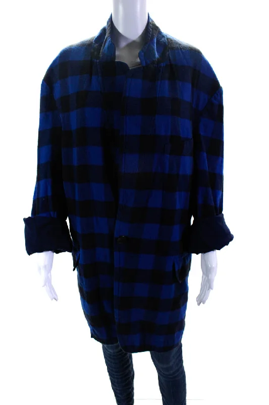 R13 Womens Cotton Check Print Buttoned Long Sleeve Collared Jacket BlueParka Jackets