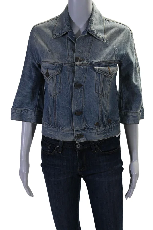 R13 Womens Cotton Distressed 3/4 Sleeve Denim Jacket BlueFestival Jackets