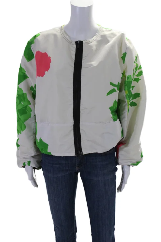 Rohka Womens Front Zip Abstract Cropped Summer Bomber Jacket White OneLimited Edition Jackets