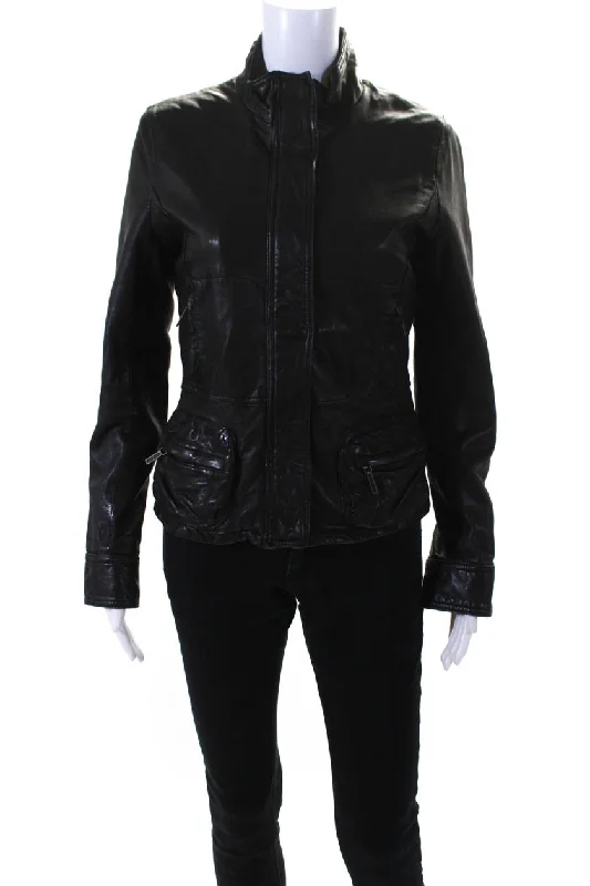 Vince Womens Black Leather Full Zip Mock Neck Long Sleeve Motorcycle JacketCultural Jackets