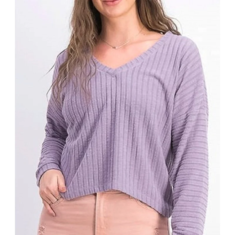 Hippie Rose Juniors' Cozy V-Neck Ribbed Top Lilac Size Extra Small